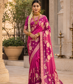 Pink Color Floral Zari Weaving And Attractive Dori Piping Fitting With Hand Dyeing Chainya Tissue Shimmer Saree