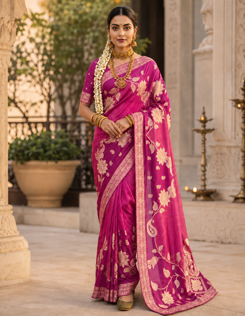 Pink Color Floral Zari Weaving And Attractive Dori Piping Fitting With Hand Dyeing Chainya Tissue Shimmer Saree