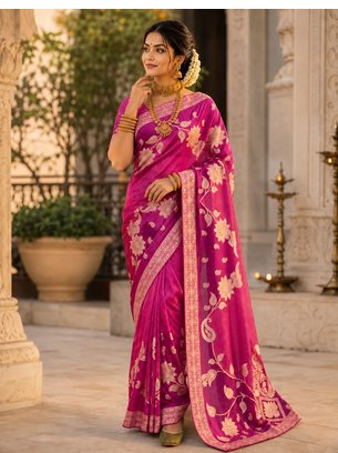 Pink Color Floral Zari Weaving And Attractive Dori Piping Fitting With Hand Dyeing Chainya Tissue Shimmer Saree 2