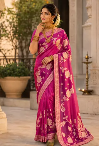 Pink Color Floral Zari Weaving And Attractive Dori Piping Fitting With Hand Dyeing Chainya Tissue Shimmer Saree