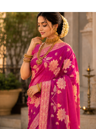 Pink Color Floral Zari Weaving And Attractive Dori Piping Fitting With Hand Dyeing Chainya Tissue Shimmer Saree 3