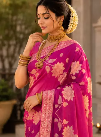 Pink Color Floral Zari Weaving And Attractive Dori Piping Fitting With Hand Dyeing Chainya Tissue Shimmer Saree