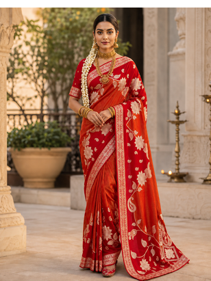 Red Color Floral Zari Weaving And Attractive Dori Piping Fitting With Hand Dyeing Chainya Tissue Shimmer Saree 1