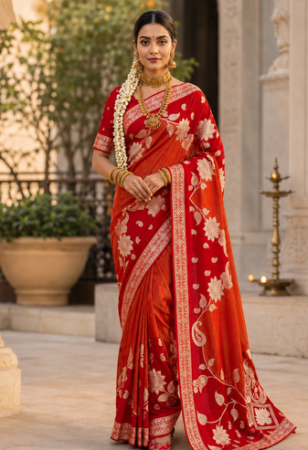 Red Floral Zari Weaving And Attractive Dori Piping Fitting With Hand Dyeing Chainya Tissue Shimmer Saree