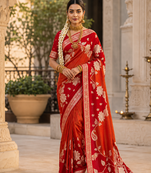 Red Color Floral Zari Weaving And Attractive Dori Piping Fitting With Hand Dyeing Chainya Tissue Shimmer Saree