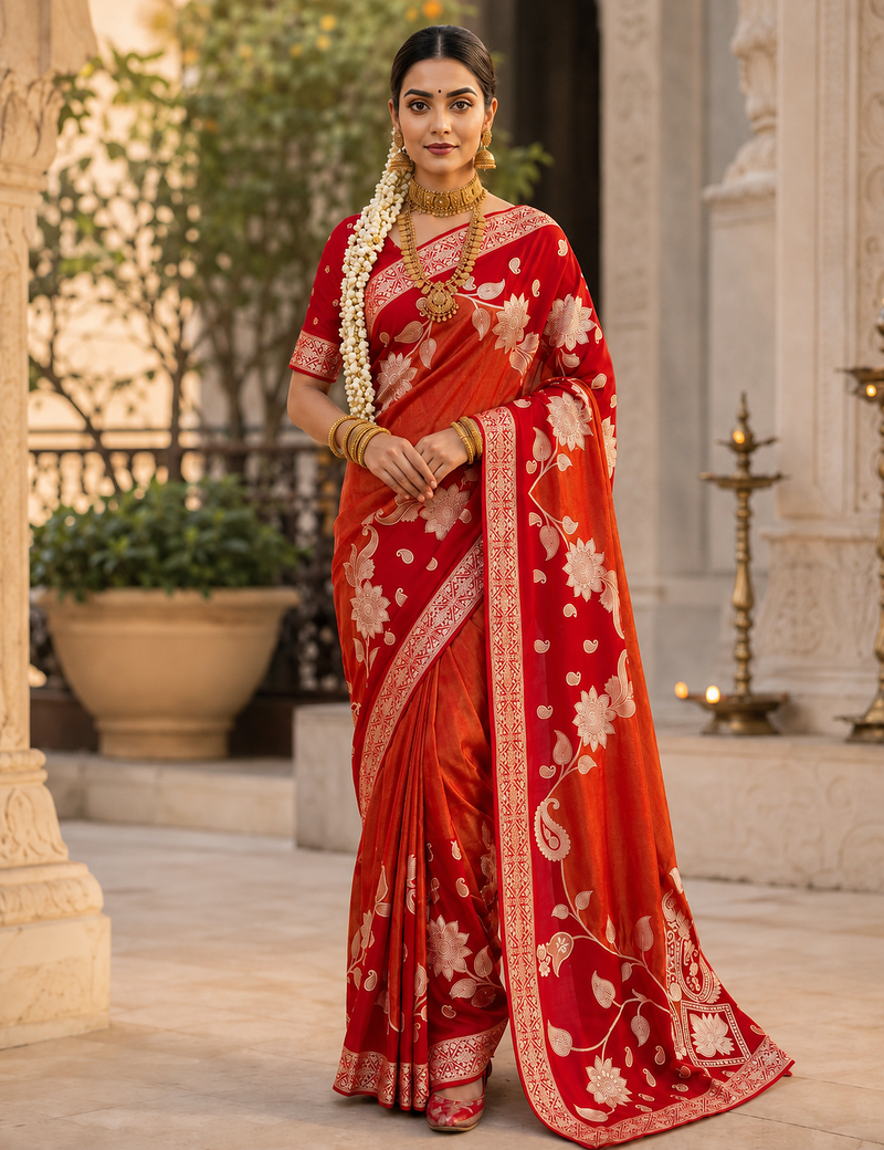 Red Color Floral Zari Weaving And Attractive Dori Piping Fitting With Hand Dyeing Chainya Tissue Shimmer Saree