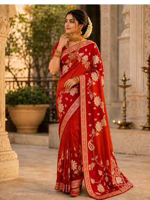 Red Color Floral Zari Weaving And Attractive Dori Piping Fitting With Hand Dyeing Chainya Tissue Shimmer Saree 2