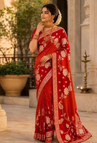 Red Color Floral Zari Weaving And Attractive Dori Piping Fitting With Hand Dyeing Chainya Tissue Shimmer Saree