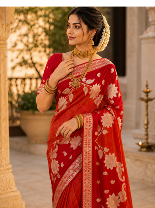 Red Color Floral Zari Weaving And Attractive Dori Piping Fitting With Hand Dyeing Chainya Tissue Shimmer Saree 3