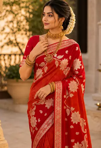 Red Color Floral Zari Weaving And Attractive Dori Piping Fitting With Hand Dyeing Chainya Tissue Shimmer Saree