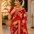 Red Color Floral Zari Weaving And Attractive Dori Piping Fitting With Hand Dyeing Chainya Tissue Shimmer Saree