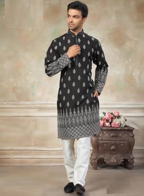 wedding silk fabric with embroidery and printed work kurta payjama 1