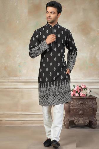 wedding silk blend fabric with embroidery and printed work kurta payjama