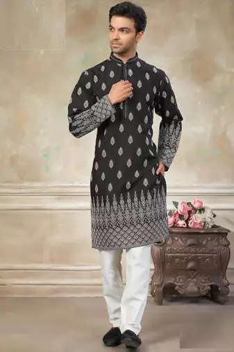 wedding silk fabric with embroidery and printed work kurta payjama