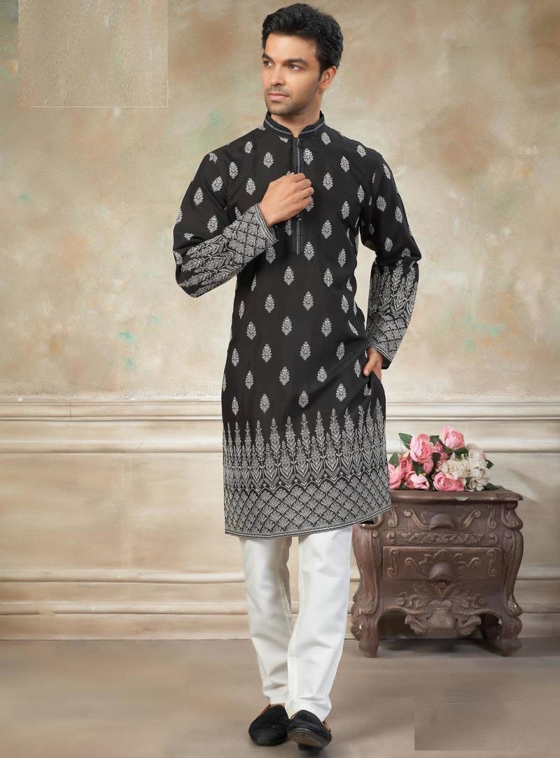 wedding silk fabric with embroidery and printed work kurta payjama