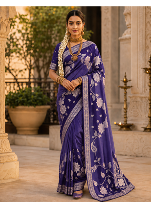 Purple Color Floral Zari Weaving And Attractive Dori Piping Fitting With Hand Dyeing Chainya Tissue Shimmer Saree 1