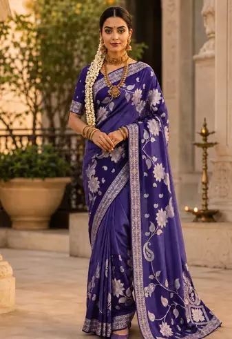 Purple Color Floral Zari Weaving And Attractive Dori Piping Fitting With Hand Dyeing Chainya Tissue Shimmer Saree