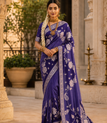 Purple Color Floral Zari Weaving And Attractive Dori Piping Fitting With Hand Dyeing Chainya Tissue Shimmer Saree