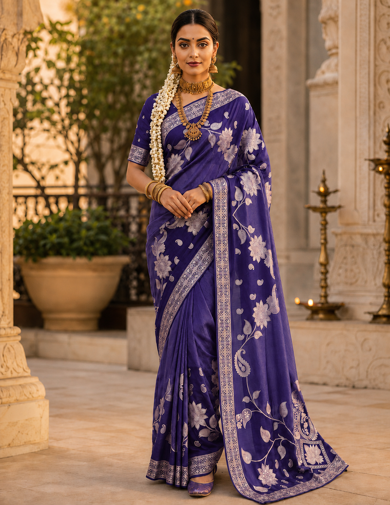 Purple Color Floral Zari Weaving And Attractive Dori Piping Fitting With Hand Dyeing Chainya Tissue Shimmer Saree