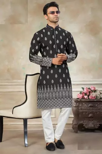 wedding silk fabric with embroidery and printed work kurta payjama