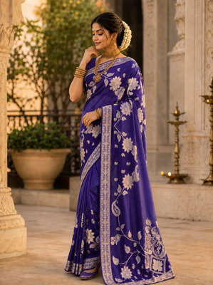 Purple Color Floral Zari Weaving And Attractive Dori Piping Fitting With Hand Dyeing Chainya Tissue Shimmer Saree 2