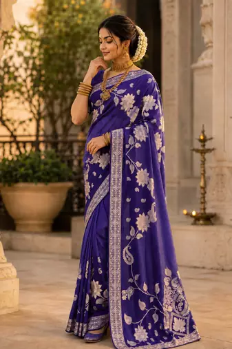 Purple Color Floral Zari Weaving And Attractive Dori Piping Fitting With Hand Dyeing Chainya Tissue Shimmer Saree