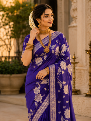 Purple Color Floral Zari Weaving And Attractive Dori Piping Fitting With Hand Dyeing Chainya Tissue Shimmer Saree 3