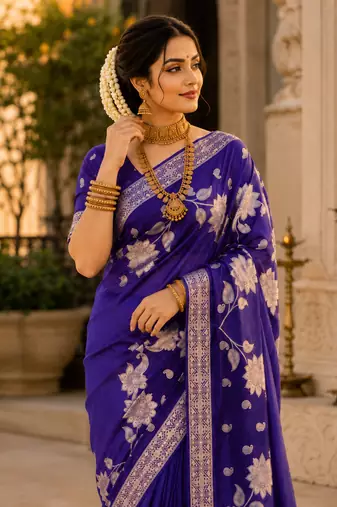 Purple Color Floral Zari Weaving And Attractive Dori Piping Fitting With Hand Dyeing Chainya Tissue Shimmer Saree
