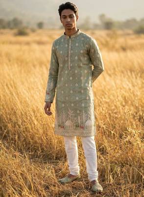 wedding silk fabric with weaving and printed work kurta payjama 1