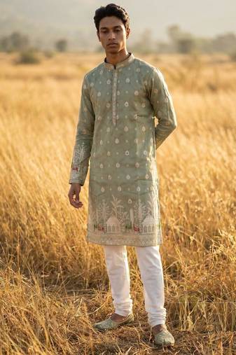 wedding silk blend fabric with weaving and printed work kurta payjama