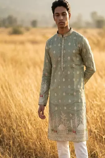 wedding silk fabric with weaving and printed work kurta payjama