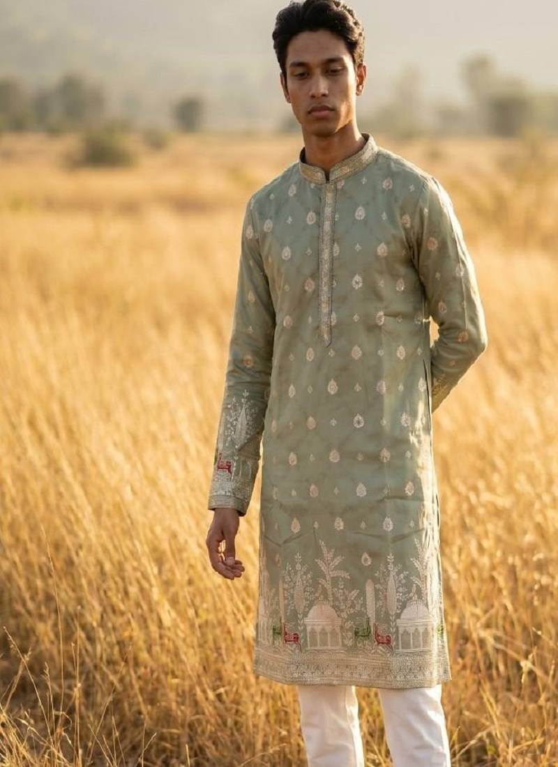 wedding silk fabric with weaving and printed work kurta payjama