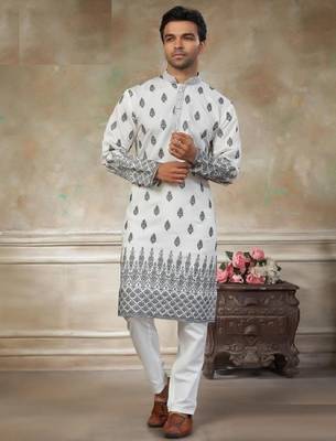wedding silk fabric with embroidery and printed work kurta payjama 1