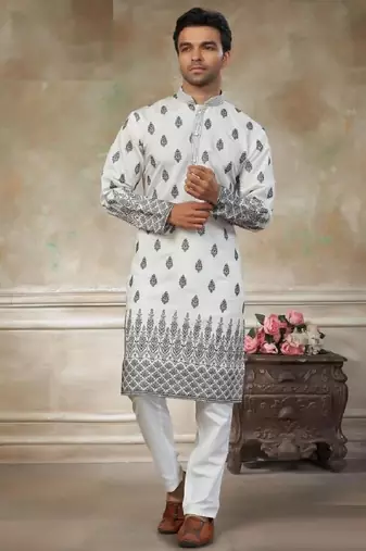 wedding silk fabric with embroidery and printed work kurta payjama