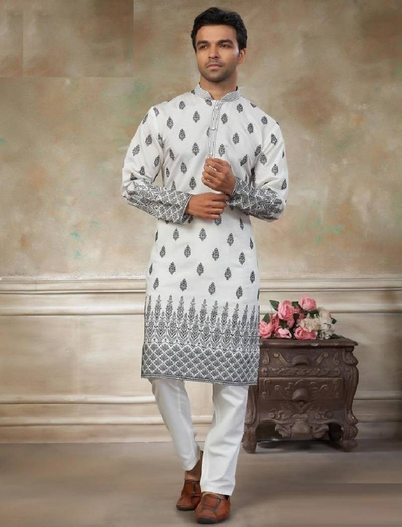 wedding silk fabric with embroidery and printed work kurta payjama