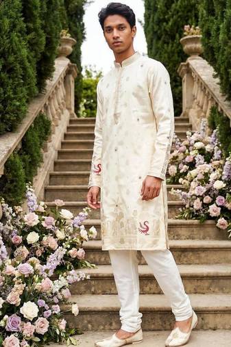 wedding silk blend fabric with weaving and printed work kurta payjama