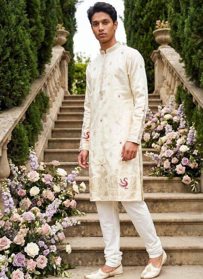 wedding silk fabric with weaving and printed work kurta payjama
