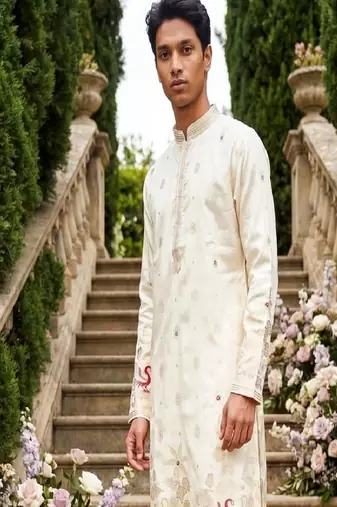 wedding silk fabric with weaving and printed work kurta payjama