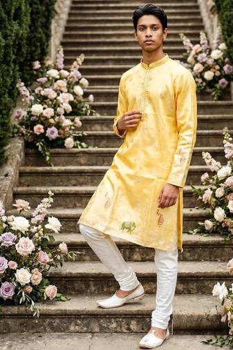 wedding silk blend fabric with weaving and printed work kurta payjama
