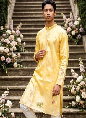 wedding silk fabric with weaving and printed work kurta payjama 2