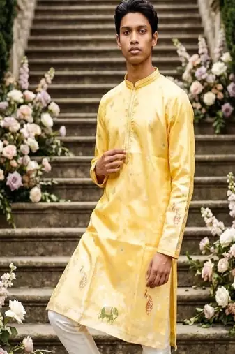 wedding silk fabric with weaving and printed work kurta payjama