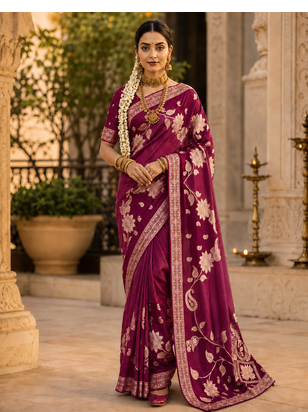 Wine Color Floral Zari Weaving And Attractive Dori Piping Fitting With Hand Dyeing Chainya Tissue Shimmer Saree 1