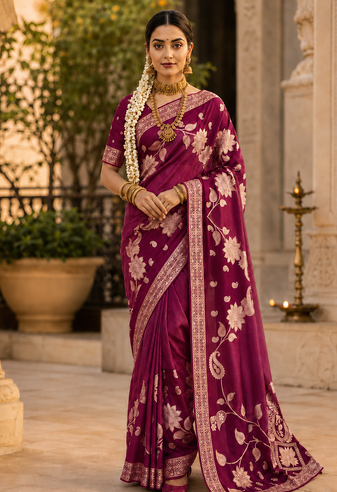 Wine Floral Zari Weaving And Attractive Dori Piping Fitting With Hand Dyeing Chainya Tissue Shimmer Saree