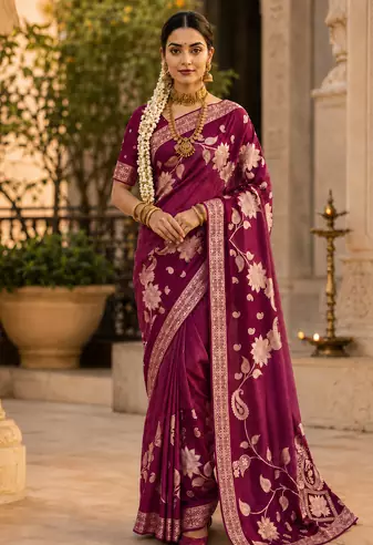 Wine Color Floral Zari Weaving And Attractive Dori Piping Fitting With Hand Dyeing Chainya Tissue Shimmer Saree