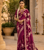 Wine Color Floral Zari Weaving And Attractive Dori Piping Fitting With Hand Dyeing Chainya Tissue Shimmer Saree