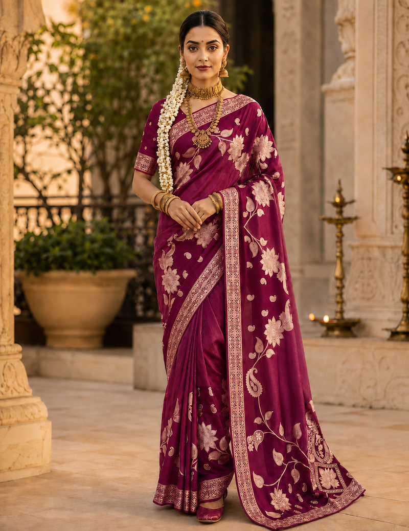 Wine Color Floral Zari Weaving And Attractive Dori Piping Fitting With Hand Dyeing Chainya Tissue Shimmer Saree
