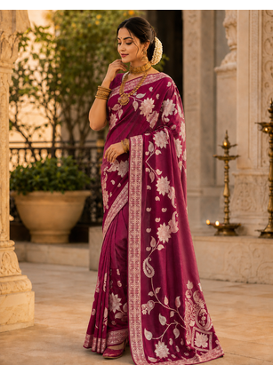 Wine Color Floral Zari Weaving And Attractive Dori Piping Fitting With Hand Dyeing Chainya Tissue Shimmer Saree 2
