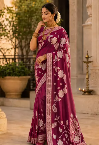 Wine Color Floral Zari Weaving And Attractive Dori Piping Fitting With Hand Dyeing Chainya Tissue Shimmer Saree