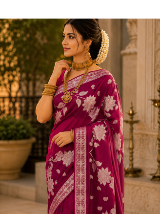Wine Color Floral Zari Weaving And Attractive Dori Piping Fitting With Hand Dyeing Chainya Tissue Shimmer Saree 3