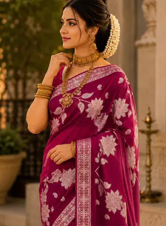 Wine Color Floral Zari Weaving And Attractive Dori Piping Fitting With Hand Dyeing Chainya Tissue Shimmer Saree